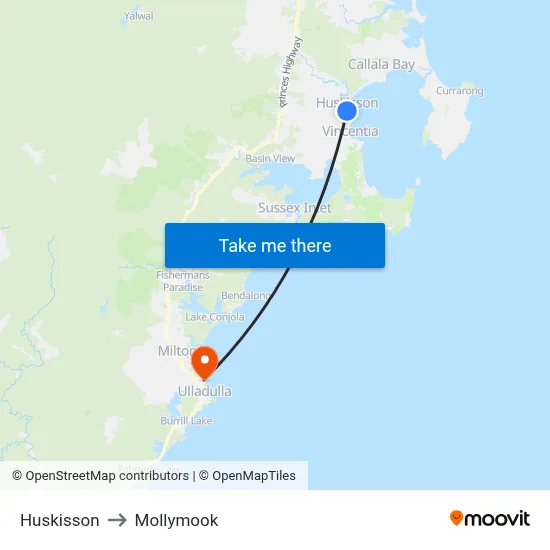 Huskisson to Mollymook map