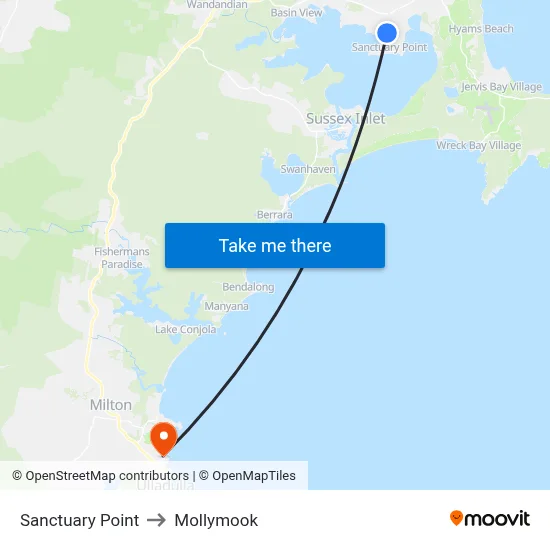 Sanctuary Point to Mollymook map