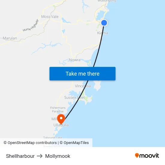 Shellharbour to Mollymook map