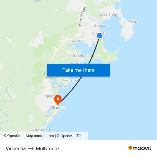 Vincentia to Mollymook map