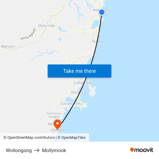 Wollongong to Mollymook map