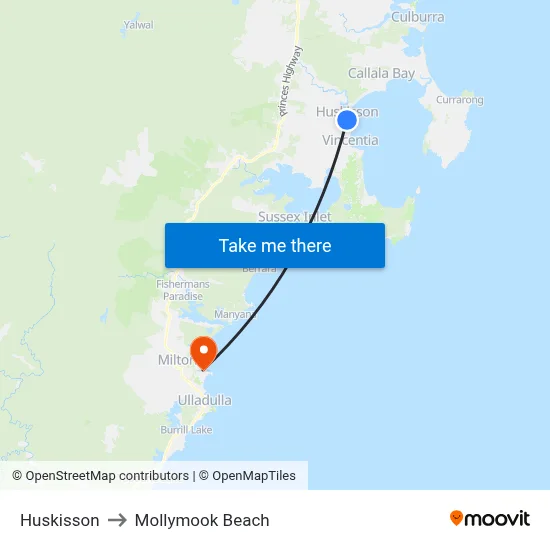 Huskisson to Mollymook Beach map
