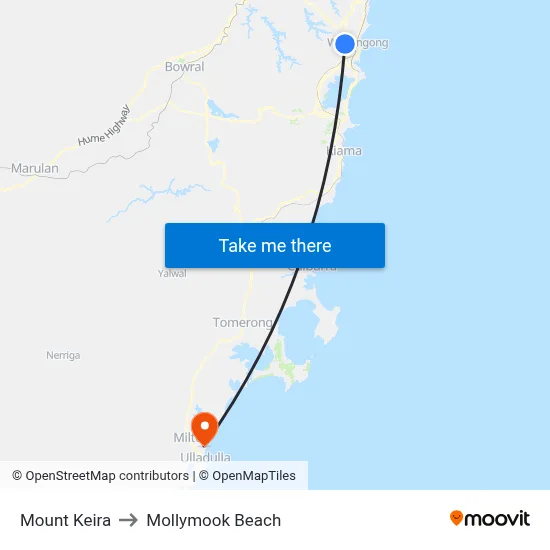 Mount Keira to Mollymook Beach map