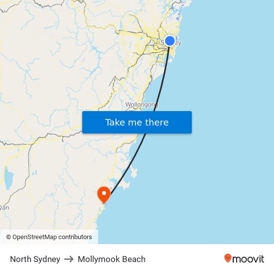 North Sydney to Mollymook Beach map