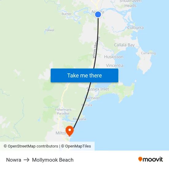 Nowra to Mollymook Beach map