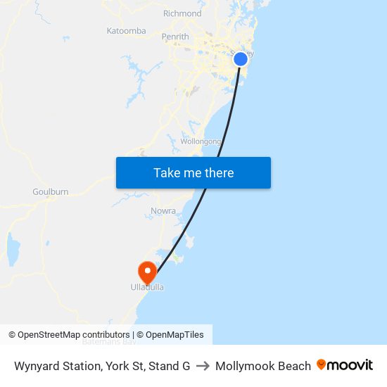 Wynyard Station, York St, Stand G to Mollymook Beach map