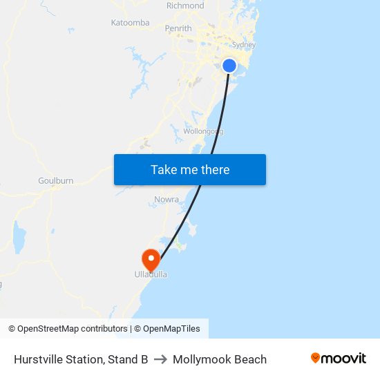 Hurstville Station, Stand B to Mollymook Beach map