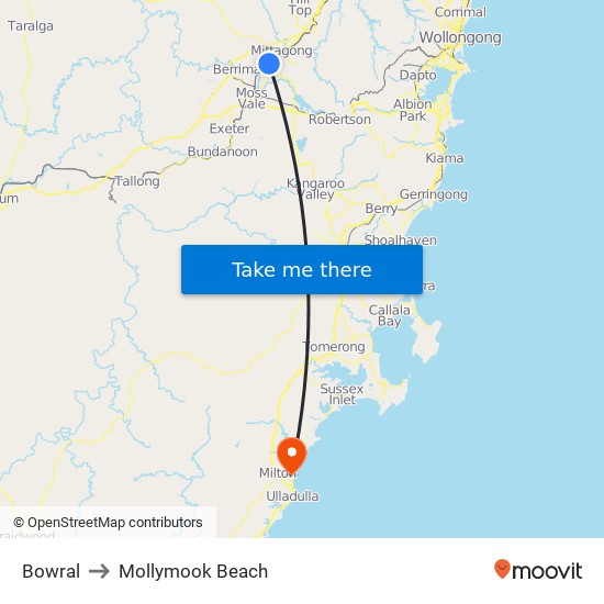 Bowral Station to Mollymook Beach map