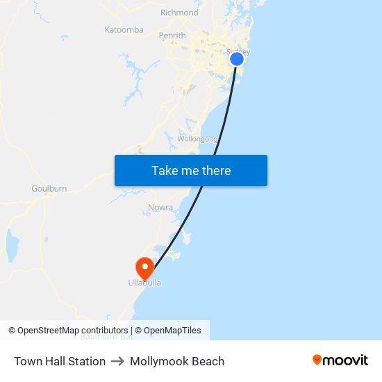 Town Hall Station to Mollymook Beach map