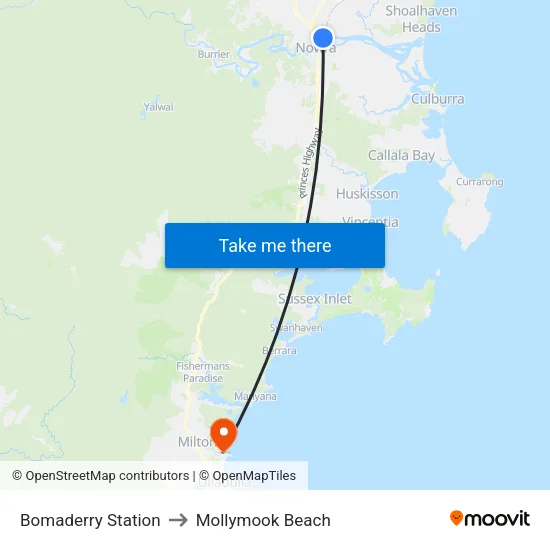 Bomaderry Station to Mollymook Beach map