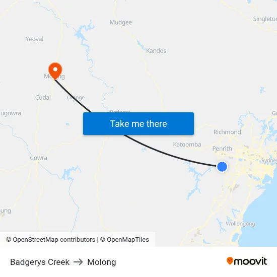 Badgerys Creek to Molong map