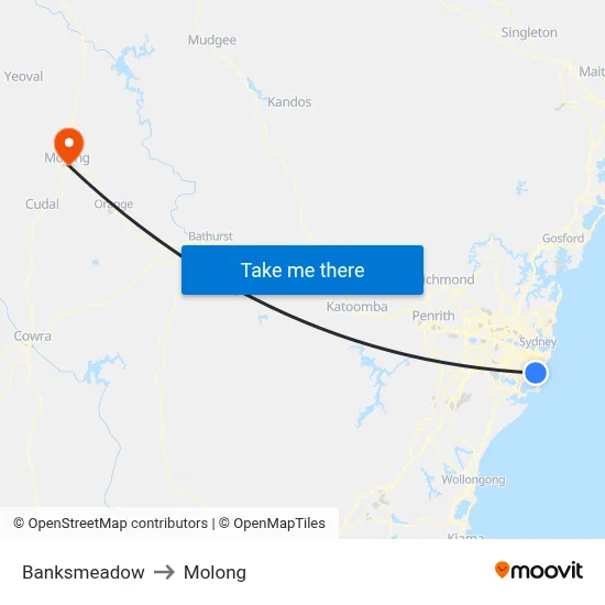 Banksmeadow to Molong map