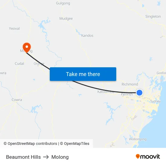 Beaumont Hills to Molong map
