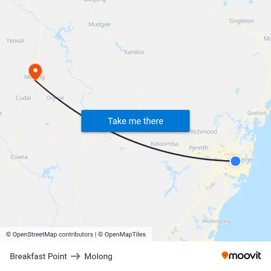 Breakfast Point to Molong map
