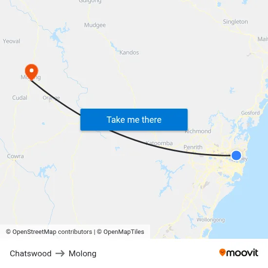 Chatswood to Molong map