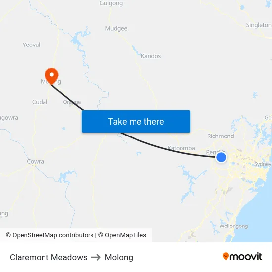 Claremont Meadows to Molong map