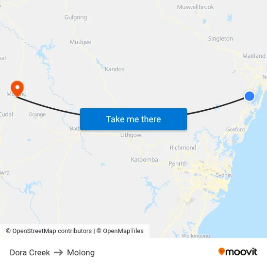 Dora Creek to Molong map