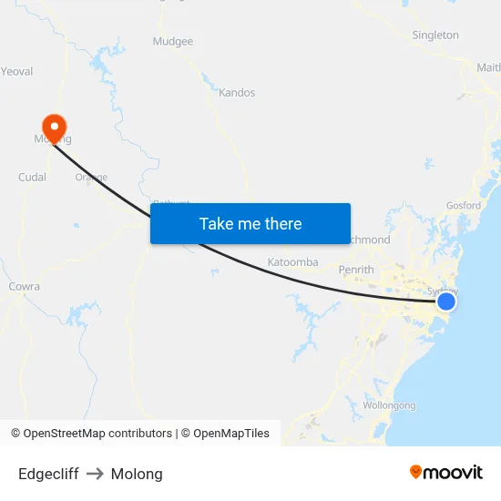 Edgecliff to Molong map