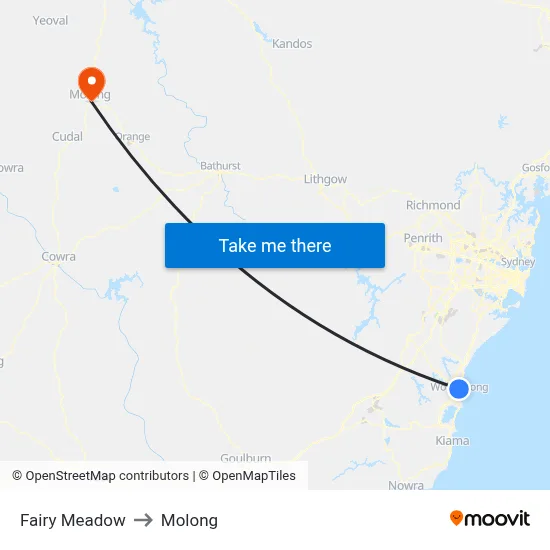 Fairy Meadow to Molong map