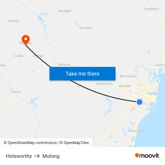 Holsworthy to Molong map