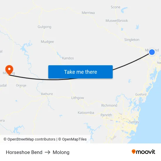 Horseshoe Bend to Molong map