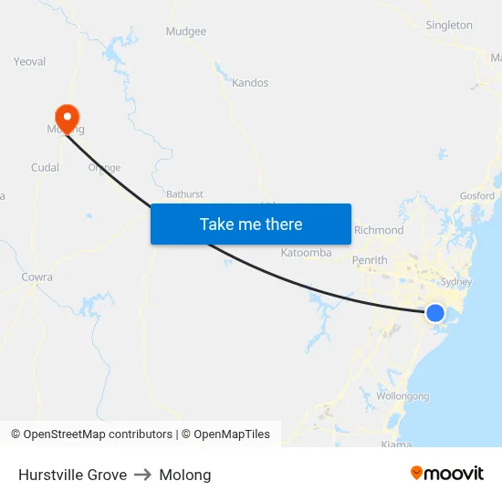 Hurstville Grove to Molong map