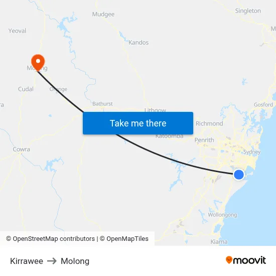 Kirrawee to Molong map