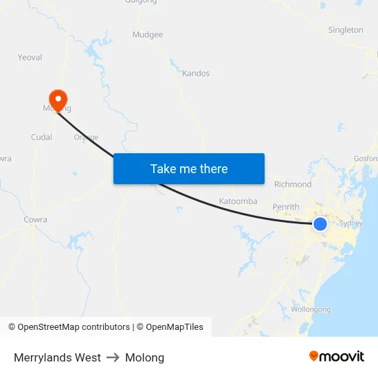 Merrylands West to Molong map