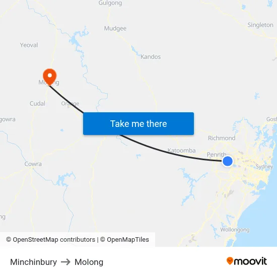 Minchinbury to Molong map