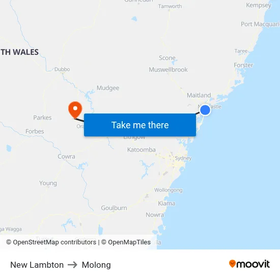 New Lambton to Molong map