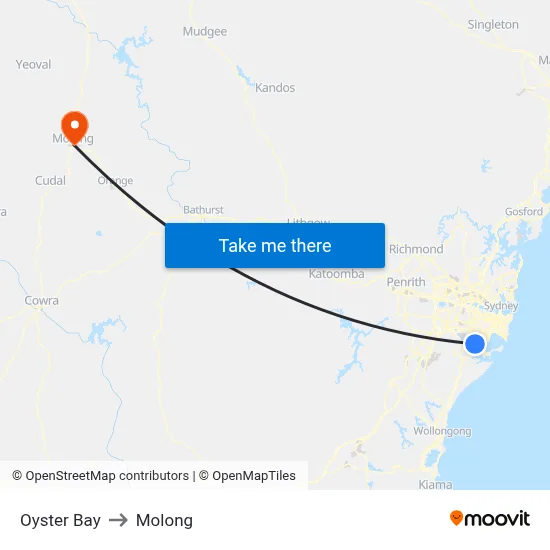 Oyster Bay to Molong map