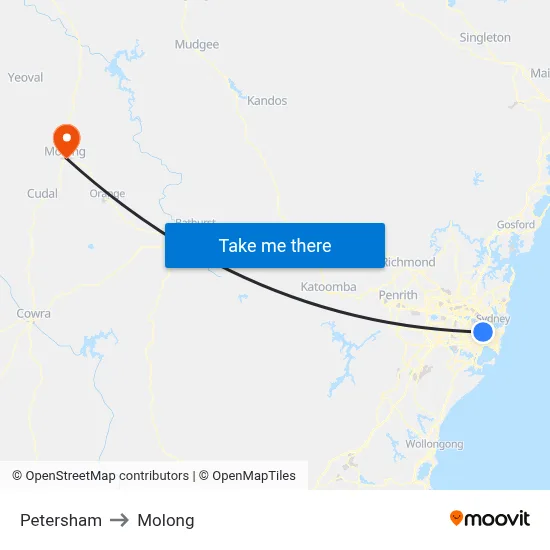 Petersham to Molong map