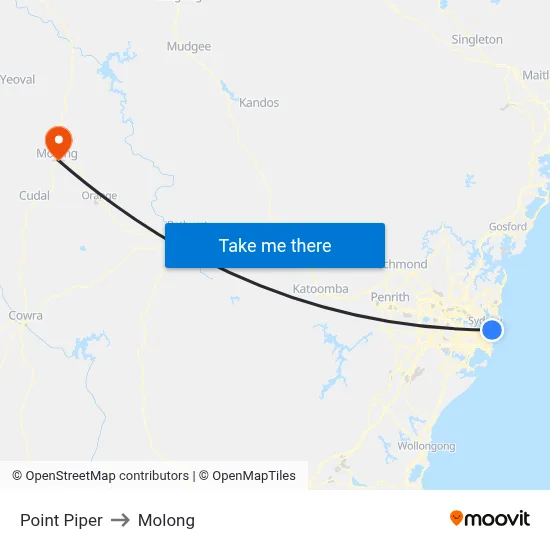 Point Piper to Molong map