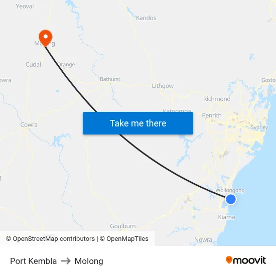 Port Kembla to Molong map