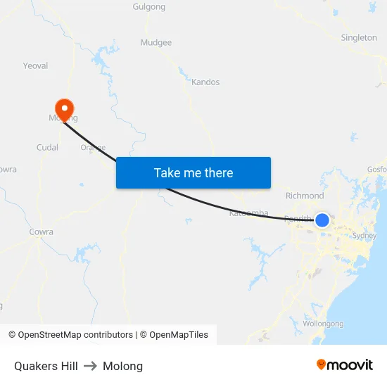 Quakers Hill to Molong map