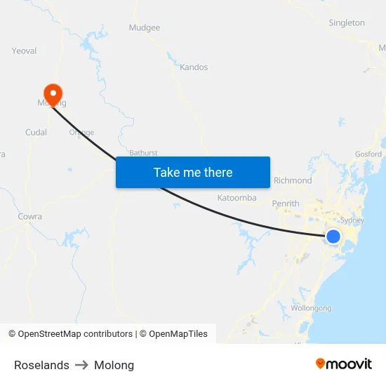 Roselands to Molong map