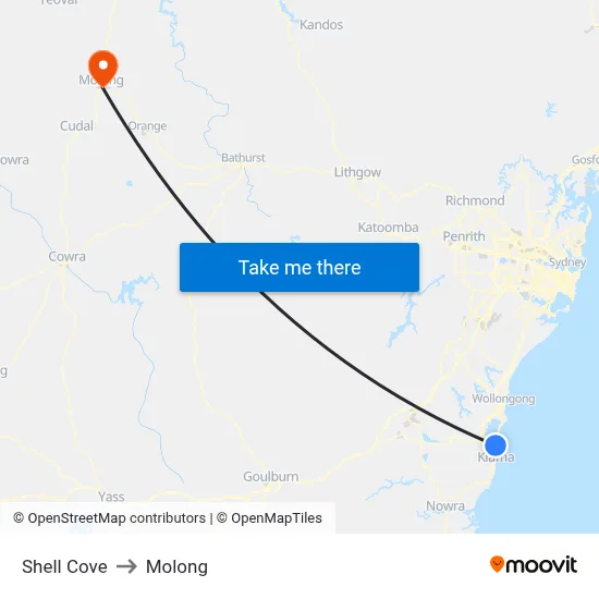 Shell Cove to Molong map