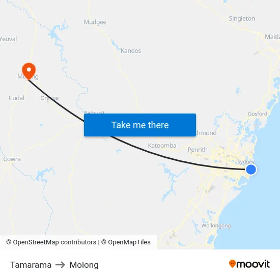 Tamarama to Molong map