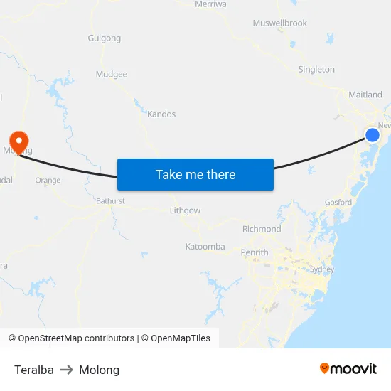Teralba to Molong map