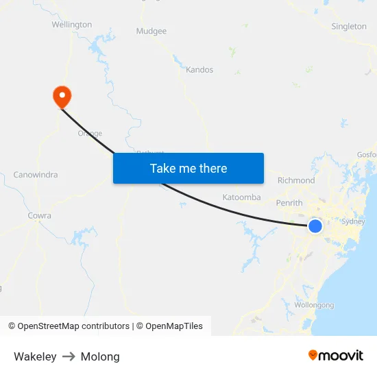 Wakeley to Molong map