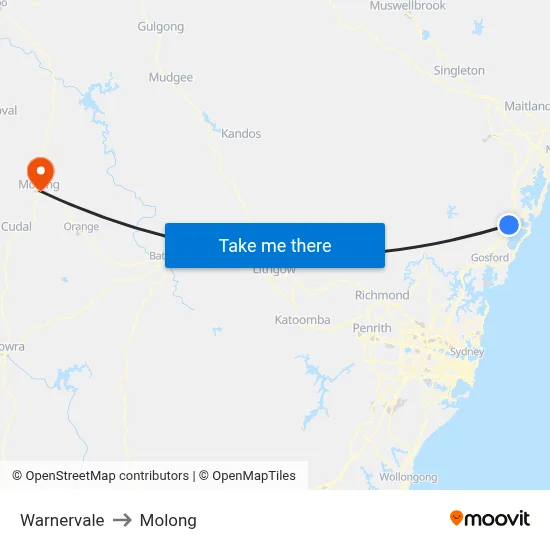 Warnervale to Molong map