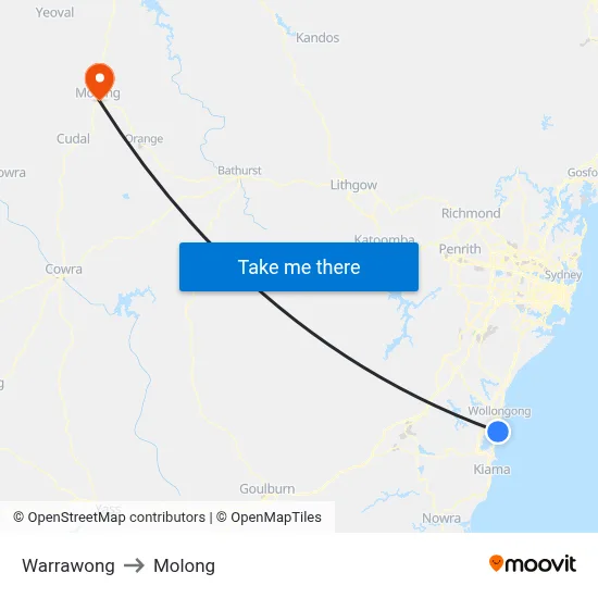 Warrawong to Molong map