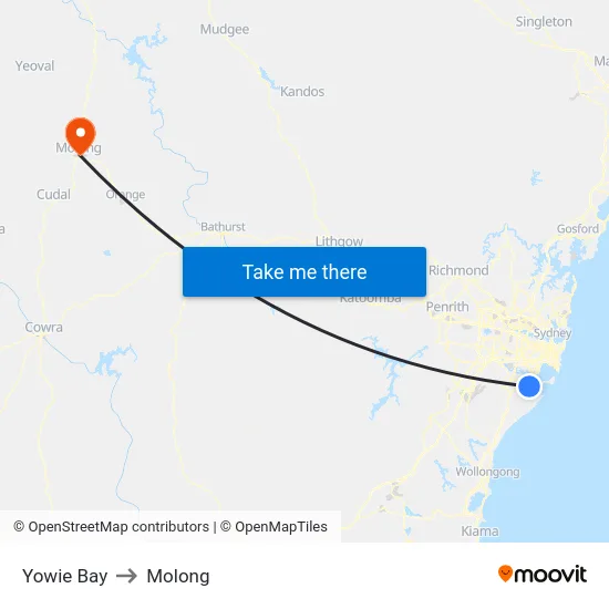 Yowie Bay to Molong map