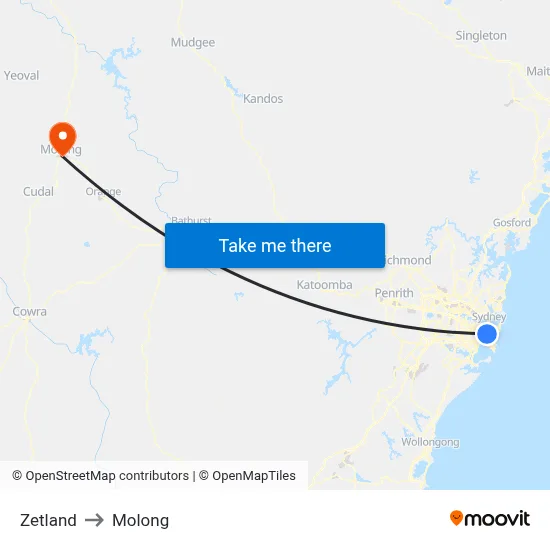 Zetland to Molong map
