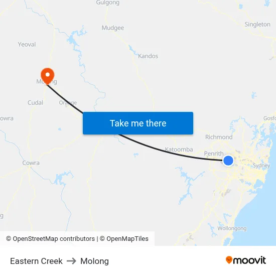 Eastern Creek to Molong map