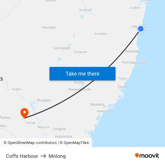 Coffs Harbour to Molong map