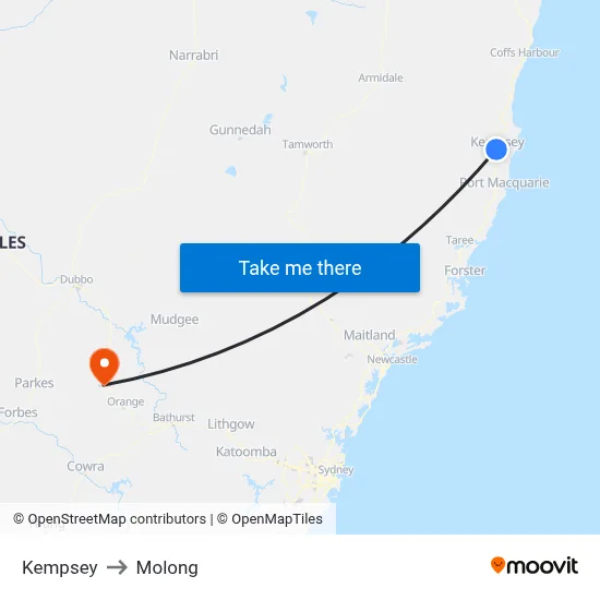 Kempsey to Molong map