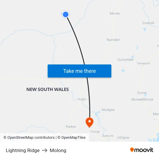 Lightning Ridge to Molong map