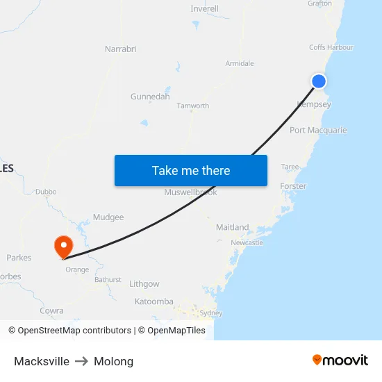 Macksville to Molong map