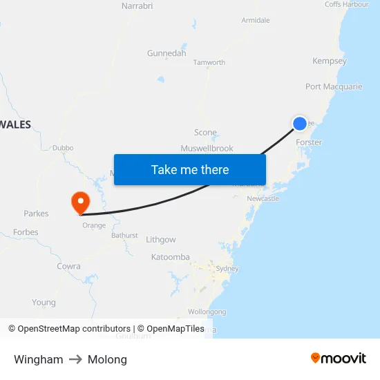 Wingham to Molong map